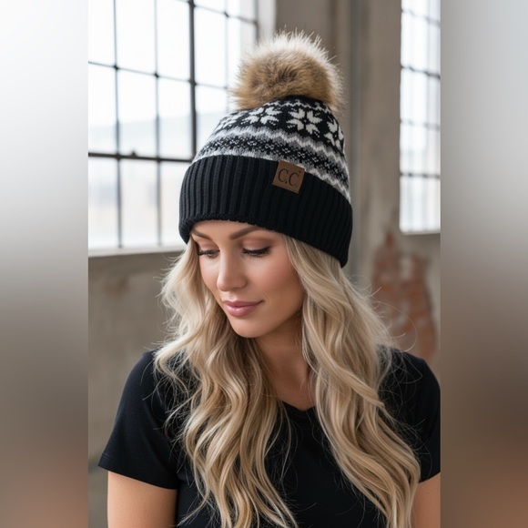 C.C Accessories - NWT CC C.C. Nordic Fair Isle Aztec Tribal Print Pom Pom Beanie Hat Black